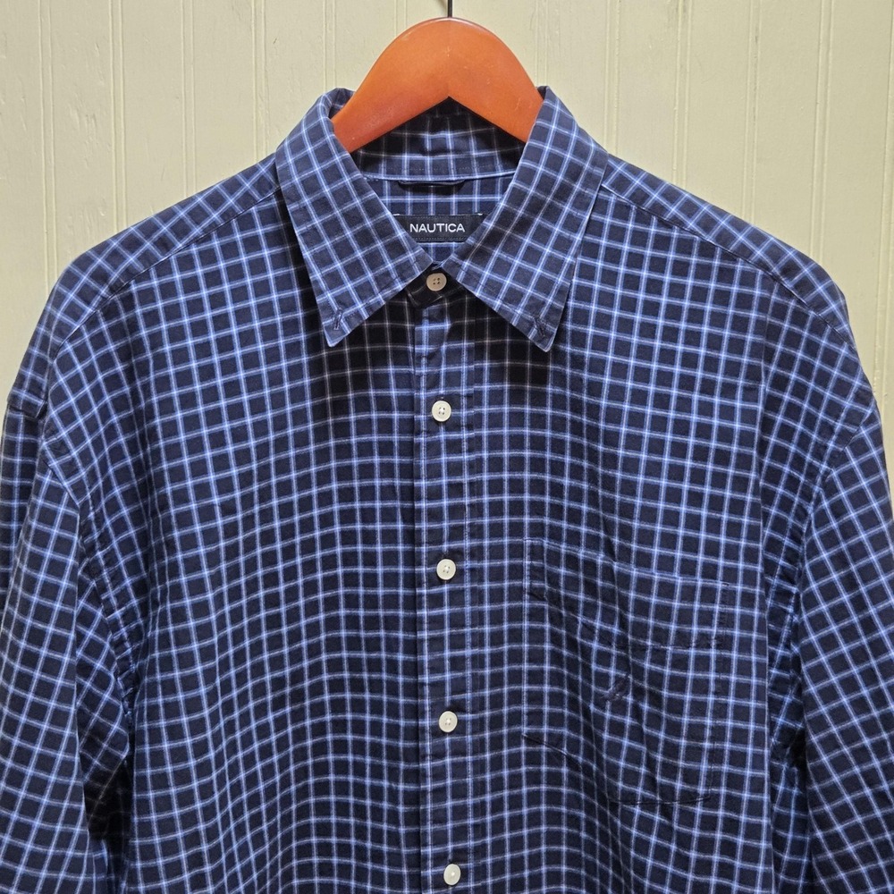 Nautica Shirt Mens XL Blue Check Long Sleeve Button Front Cotton Casual